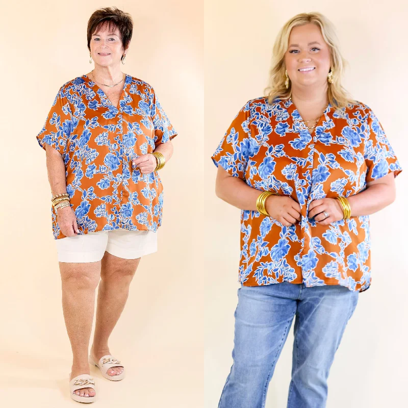 Trendsetter's Closet Whimsical Ways Floral Short Sleeve Blouse in Copper and Blue