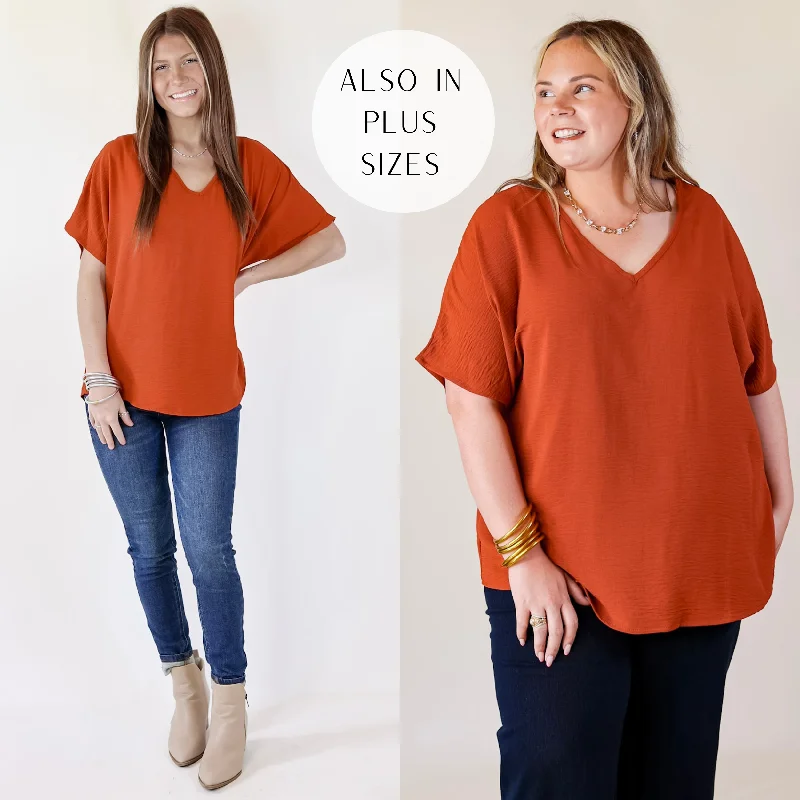 Hot Trends Lovely Dear V Neck Short Sleeve Solid Top in Rust Orange