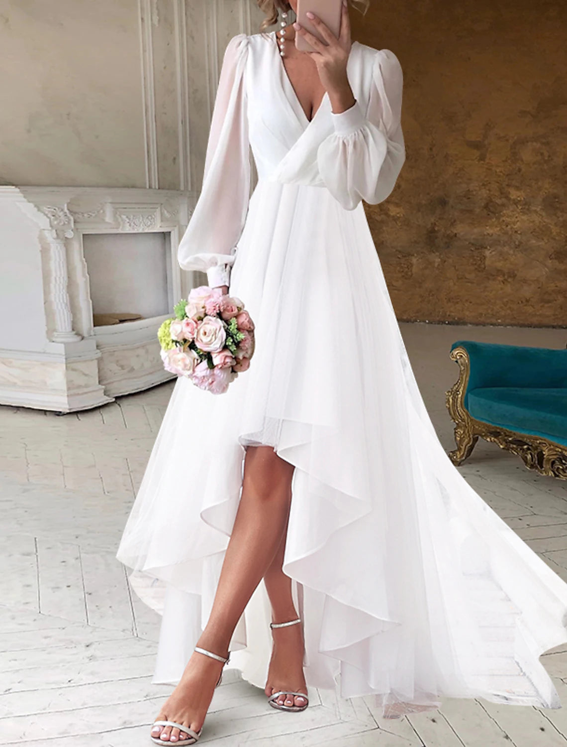 Hot Trends Bridal Shower Fall Wedding Dresses Little White Dresses Casual A-Line V Neck Long Sleeve Asymmetrical Chiffon Bridal Gowns With Solid Color Summer Wedding Party