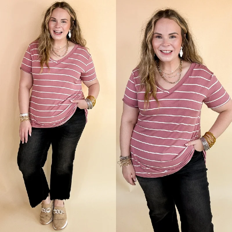 Bundle Offer Keep Things Casual Striped V Neck Tee in Mauve