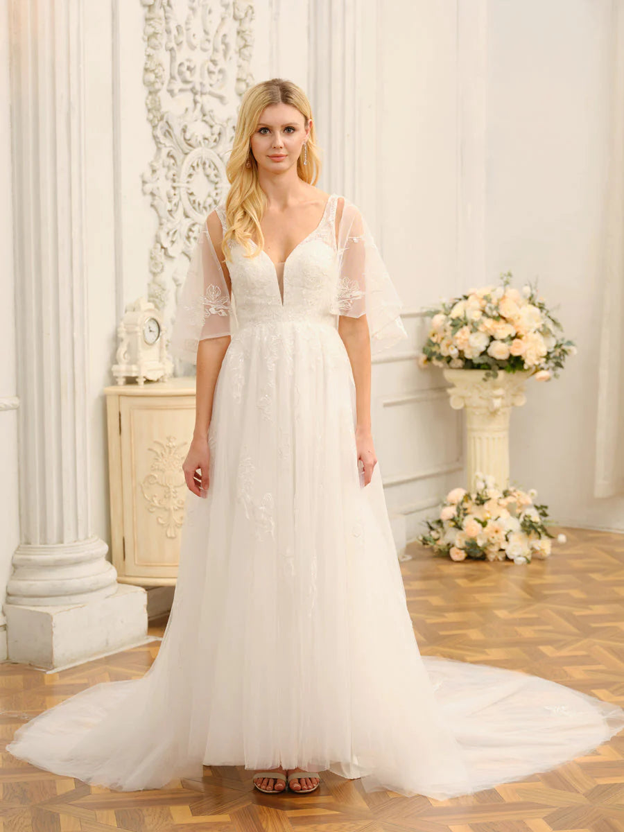 Daily Deals A-Line/Princess V-Neck Half Sleeves Long Wedding Dresses With Appliques