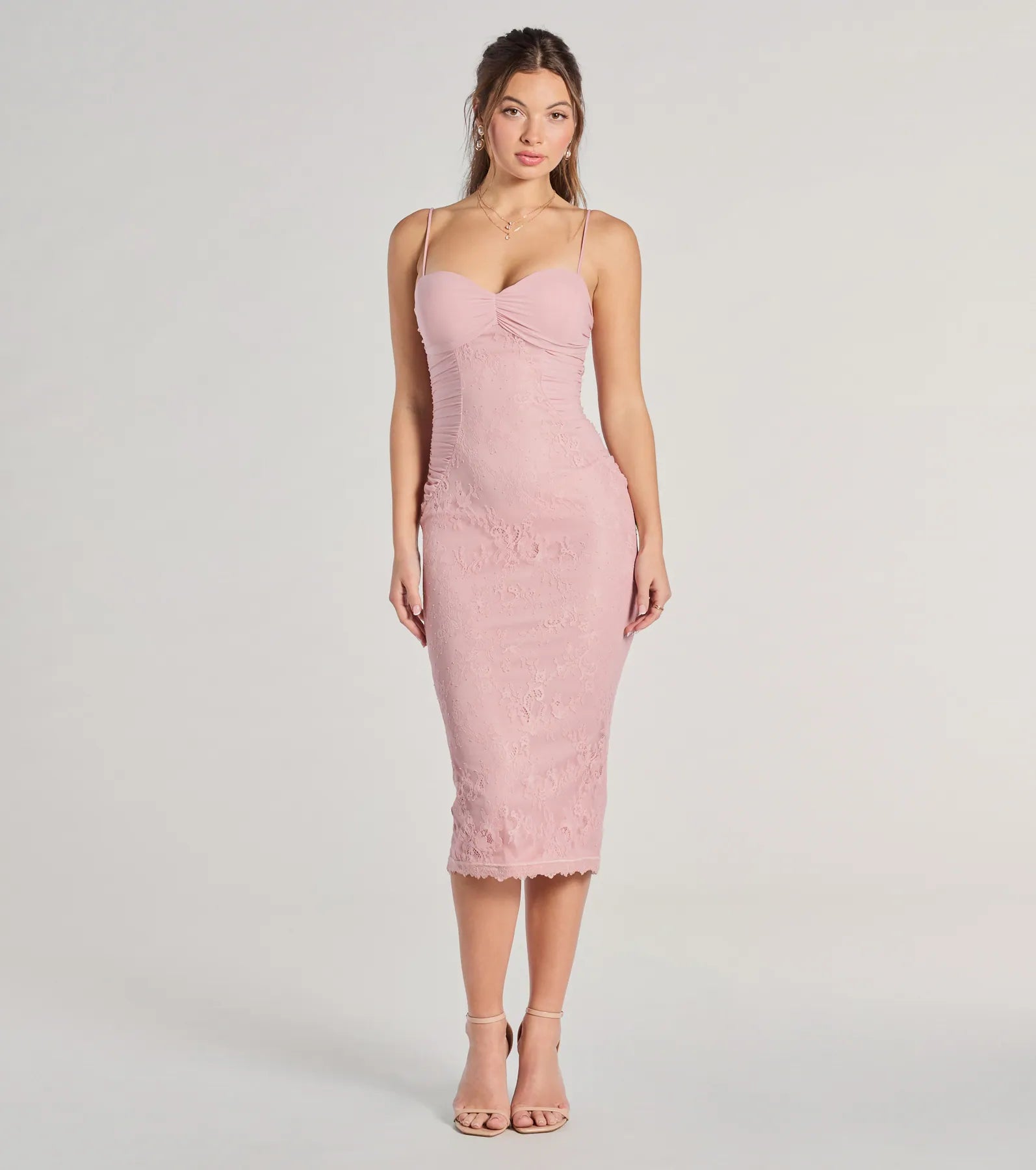 Women Wear Brands In For Romance Lace Mesh Bodycon Midi Dress