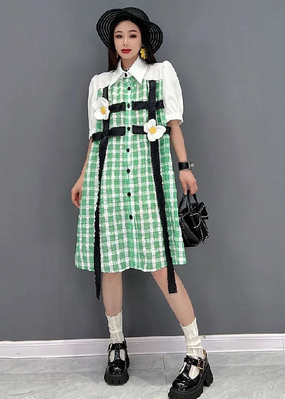 Woman Clothing Modern Green Plaid Peter Pan Collar Patchwork Floral Maxi Dress Short Sleeve