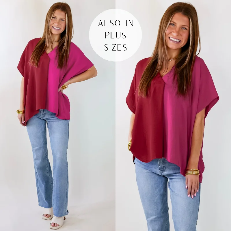 Day To Night Styles Weekend Out V Neck Placket Color Block Short Sleeve Top in Maroon and Pink