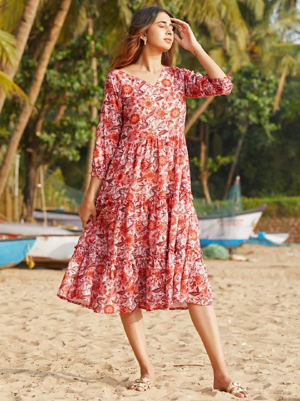 Online Clothing Boutiques Orange Floral Print Cotton Blend Flared Midi Dress