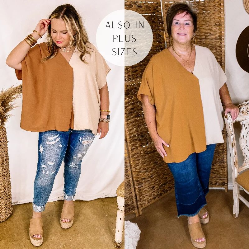 Timeless Women's Fashion Styles Last Chance Size XL | Weekend Out V Neck Placket Color Block Short Sleeve Top in Beige and Clay Brown