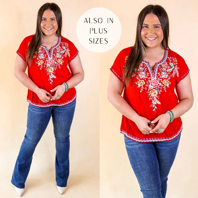 Trendy Outfits For Ladies Desert Bloom Embroidered Short Sleeve Top in Red