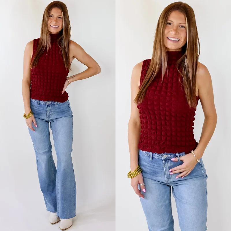 Sophisticated Style Daring Stares Mock Neck Bubble Tank Top in Maroon