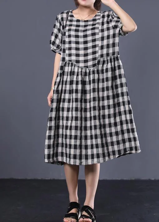 Embrace New Fashion Unique black plaid cotton Tunics ruffles patchwork summer Dresses