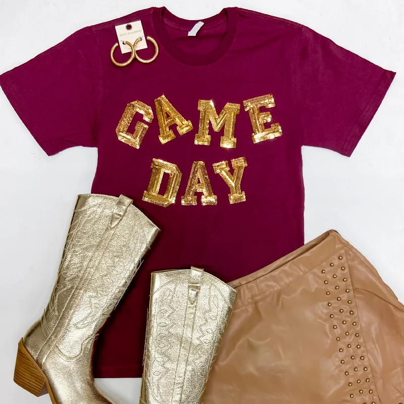 Summer Sale Gameday Gold Sequin Letter Short Sleeve Graphic Tee in Maroon