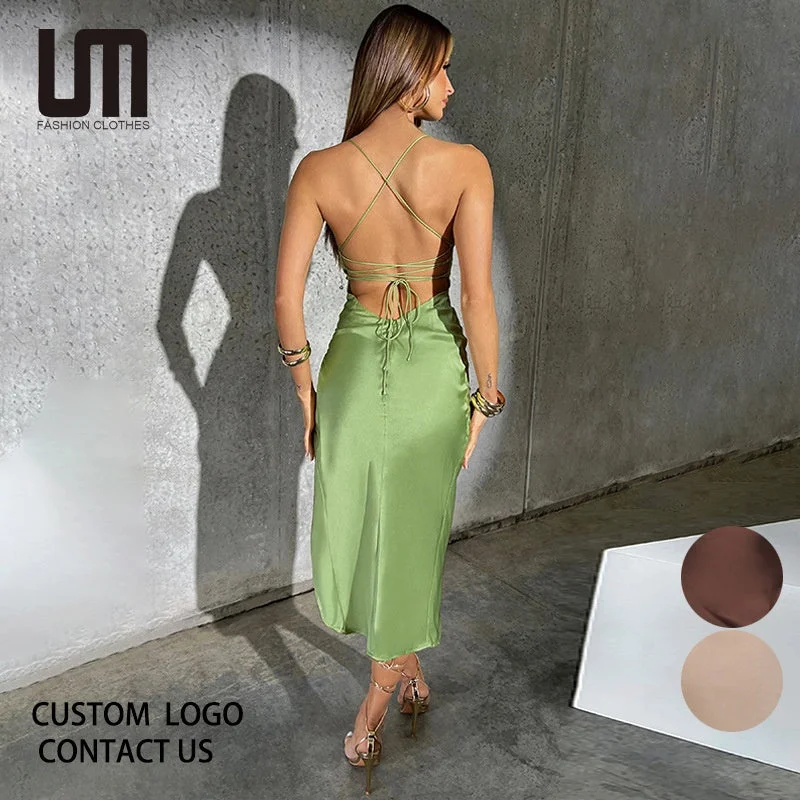 Casual Chic Liu Ming Women Sexy 2023 New Arrivals Satin Backless Sleeveless Party Slit Bodycon Maxi Prom Dress