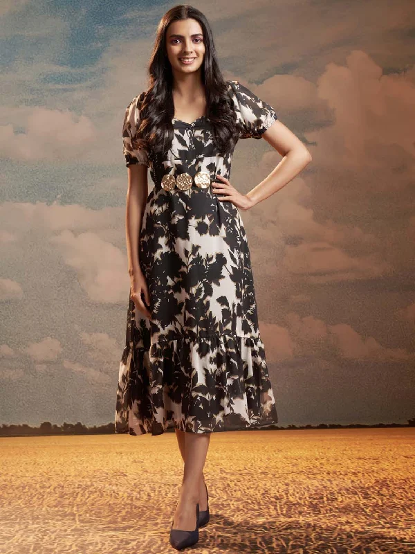 Mega Sale Black Floral Print Georgette Flared With A-Line Midi Dress