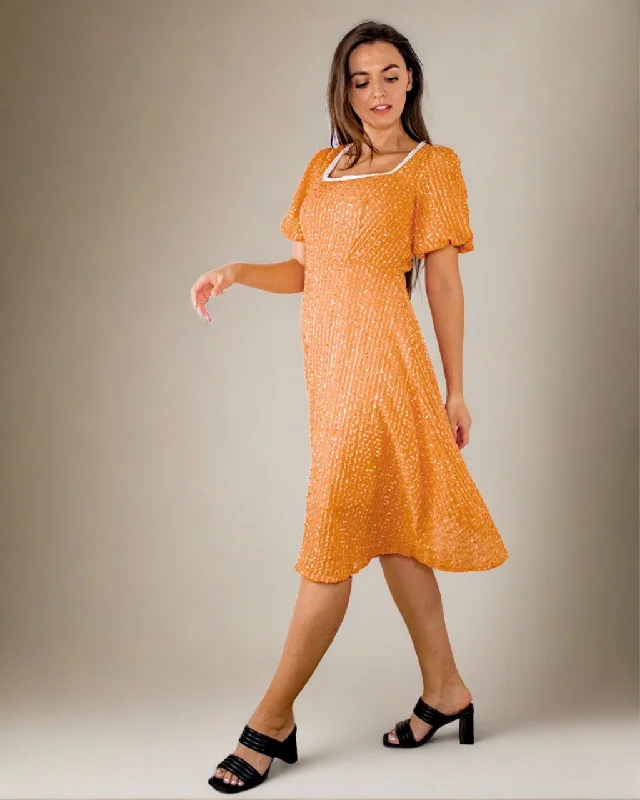 Women Online Clothing Boutiques Cosette Dress - Burnt Orange Wedding Guest Dress with Puff Sleeves