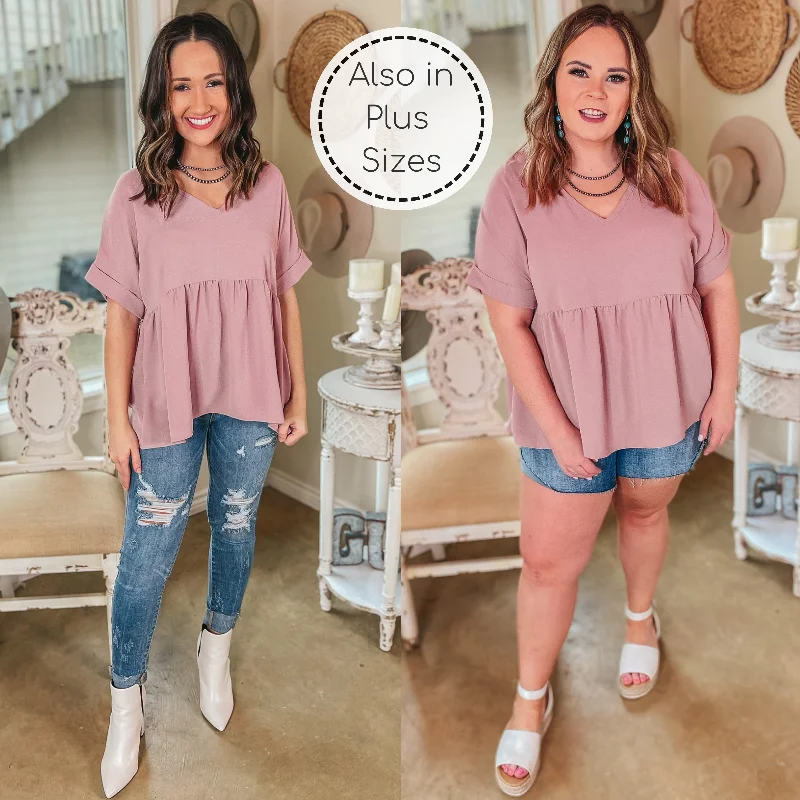 Huge Discounts This Week Last Chance Size Medium | Touring the City Short Sleeve V Neck Babydoll Top in Dusty Pink