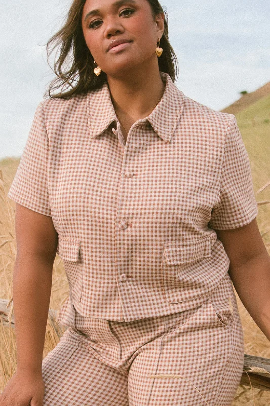 Fashionable Dresses for Women Drew Blouse in Tan Gingham - FINAL SALE