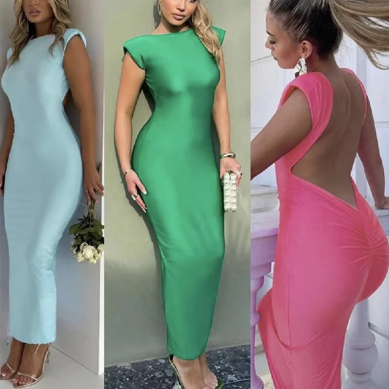 Women's Fashion Clothing Fashion streetwear plain scrunch butt sexy backless party dress padded shoulder sleeveless bodycon women long maxi dress ladies