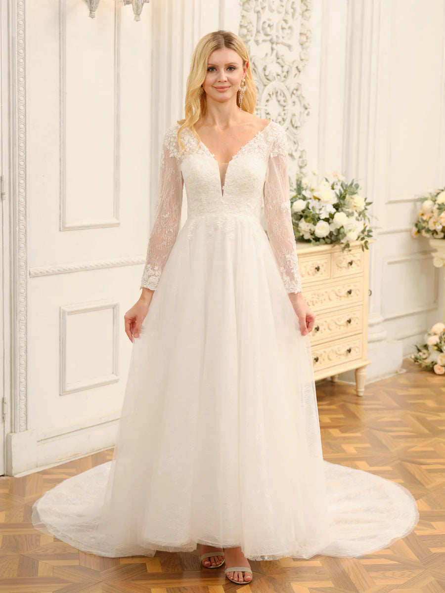 Season Offer A-Line/Princess V-Neck Long Lace Wedding Dresses With Appliques