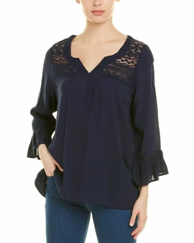 Unleash Your Style Boho Blouse Top Lace Front And Back Blouse In Navy Blue