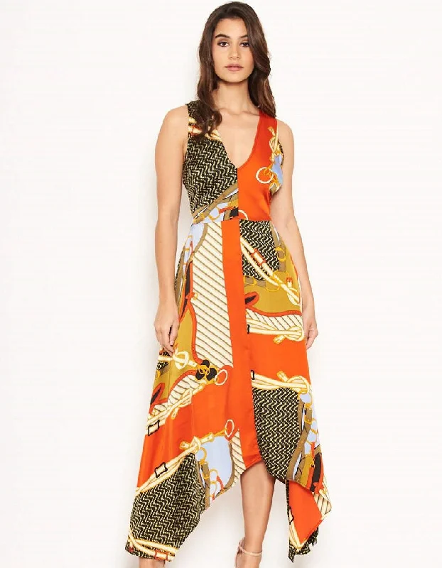 Comfortable Chic Caroline Orange Multi Chain Print Midi Dress