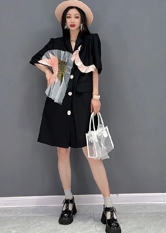 Clothes For Woman Simple Black Notched Collar Ruffled Tulle Patchwork Mid Dress Short Sleeve