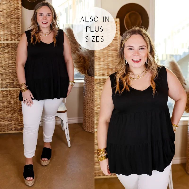 Plus Size Women Wear Most Love Tiered Tank Top with V Neckline in Black