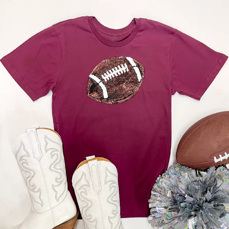 Fashion Women's Clothing It's A Win Sequin Patch Football Short Sleeve Graphic Tee in Maroon