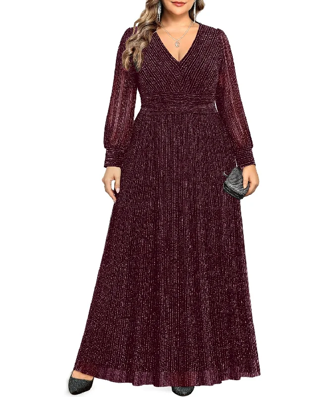 Sophisticated Style Pinup Fashion Burgundy Plus Size Dresses Formal Wedding Guest Evening Gowns Long Sleeve Bridesmaid Holiday Sparkly New Year Prom Dress