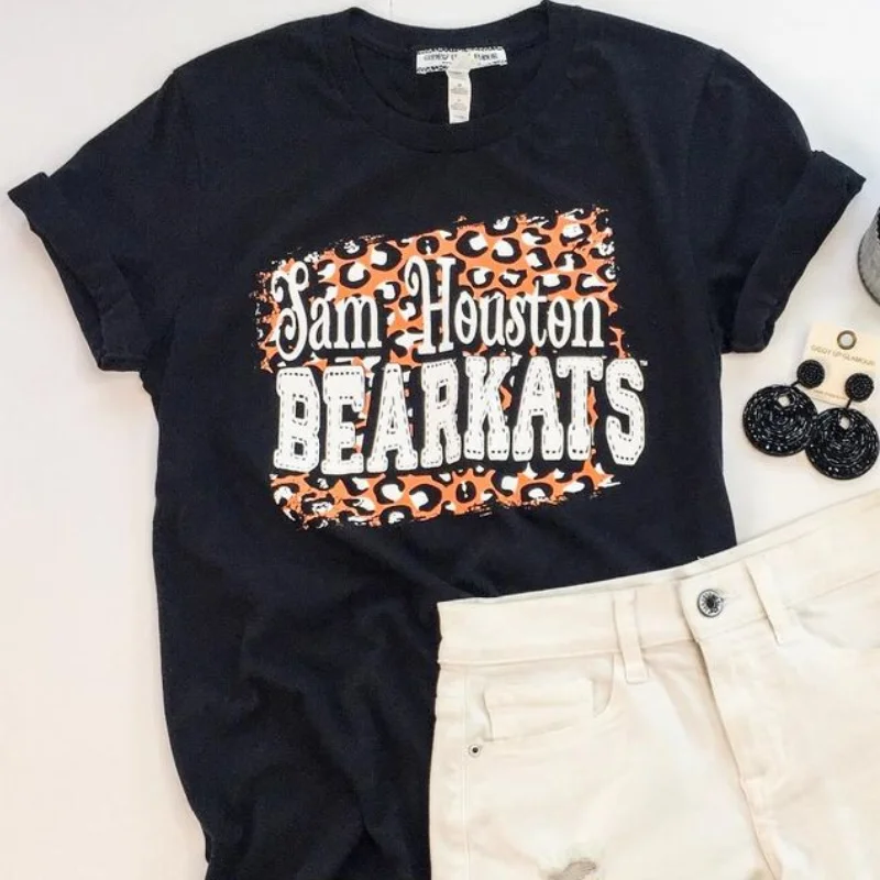 Fashionista Favorites Bearkat Game Day | Sam Houston Bearkats on Leopard Print Background Logo Short Sleeve Tee Shirt in Black