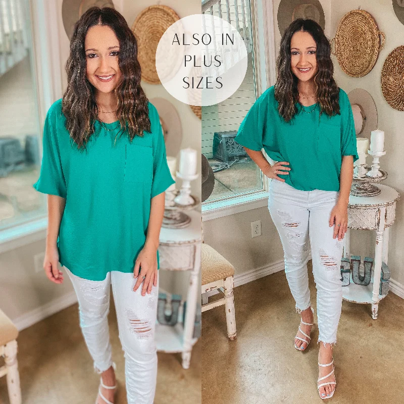 Hot Deals On Record V Neck Short Sleeve Shift Top with Front Pocket in Jade Green