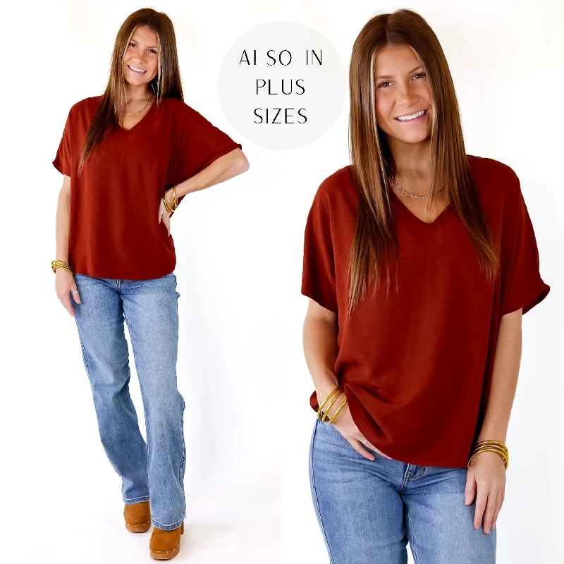 Chic Women's Clothing for Date Nights Last Chance Size Small | Lovely Dear V Neck Short Sleeve Solid Top in Rust Brown