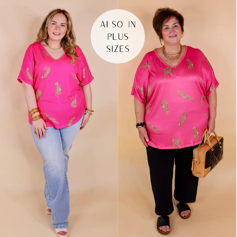 Business Casual Outfits Wild Side Cheetah Print V Neck Top with Short Sleeves in Hot Pink