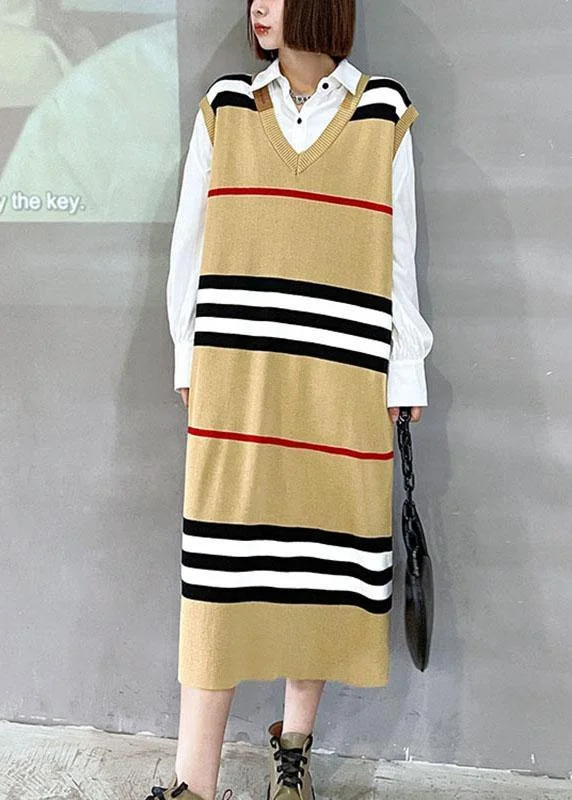 Clearance Event DIY Khaki V Neck Striped Fall Knit Sweater Dress