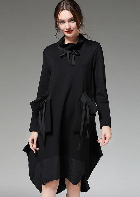 Bid Farewell To The Old Season Simple Black Patchwork asymmetrical design Pockets Robe Dresses Fall