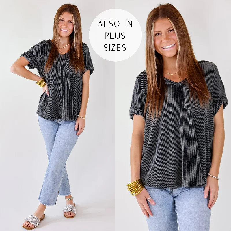 Casual Chic Only True Love Ribbed Short Sleeve Top with Front Pocket in Charcoal Black