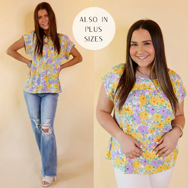 Big Sale Event Memorable Meeting Floral Top with Short Sleeves in Purple and Yellow