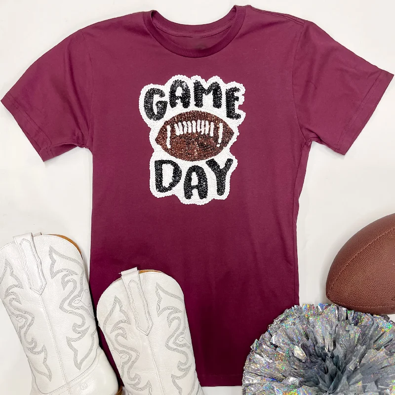 Affordable Online Boutique Gameday Sequin Patch Football Short Sleeve Graphic Tee in Maroon