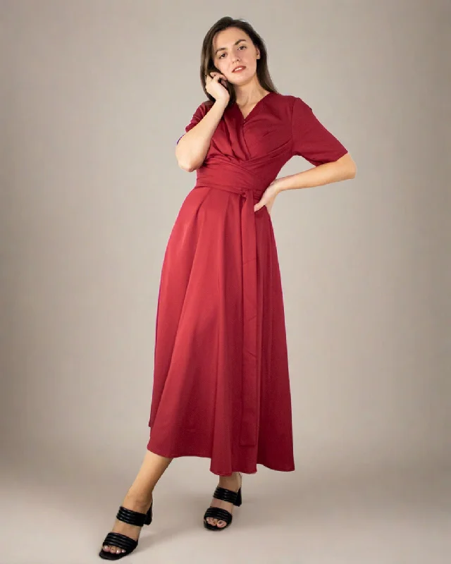 Fashion Forward, Function First Takara Red Short Sleeve Midi Dress with Wrap Belt