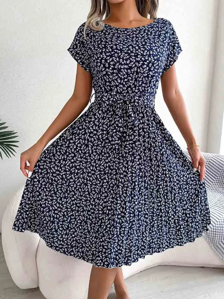 Chic Style Fashion Floral A Line Short Sleeve High Waist Chic Midi Dresses