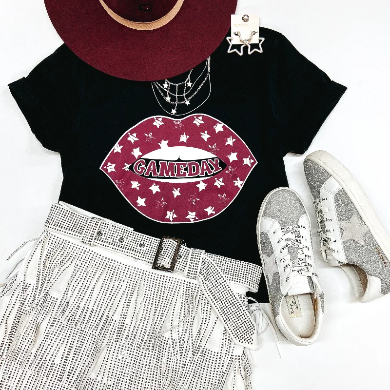 Daily Essentials Aggie Game Day | Gameday Lips and Stars Short Sleeve Graphic Tee Shirt in Black