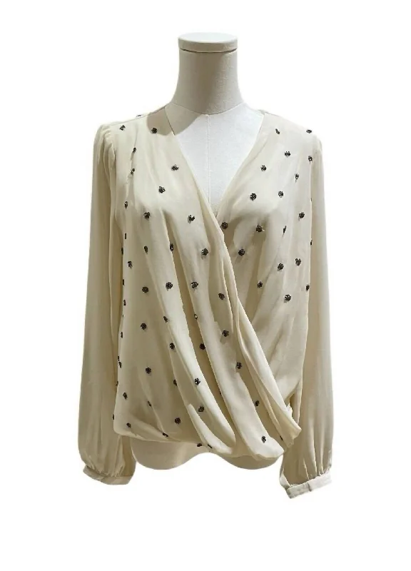 Comfort Centric Apparel Women's Beaded Chiffon Double Breasted Faux Wrap Blouse In Ivory