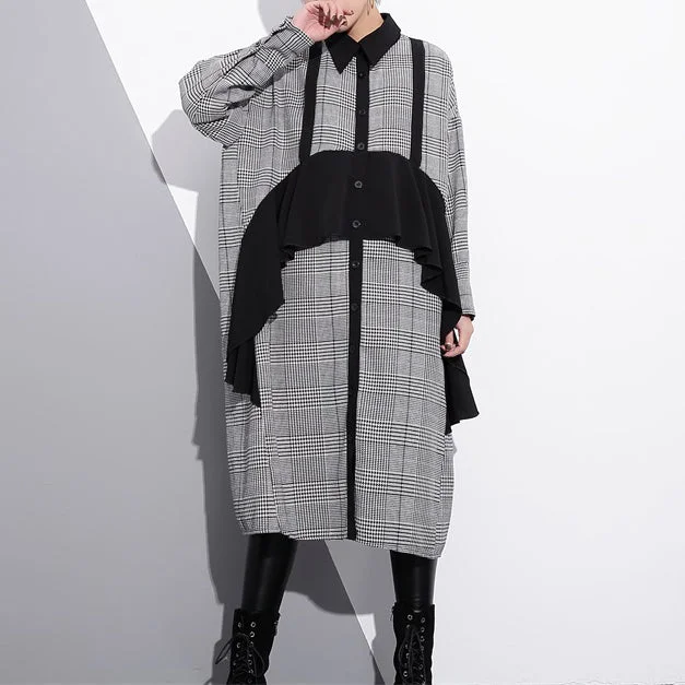 Fashion Essentials Elegant black white plaid cotton caftans plus size ruffles cotton clothing dress Fine lapel collar cotton caftans