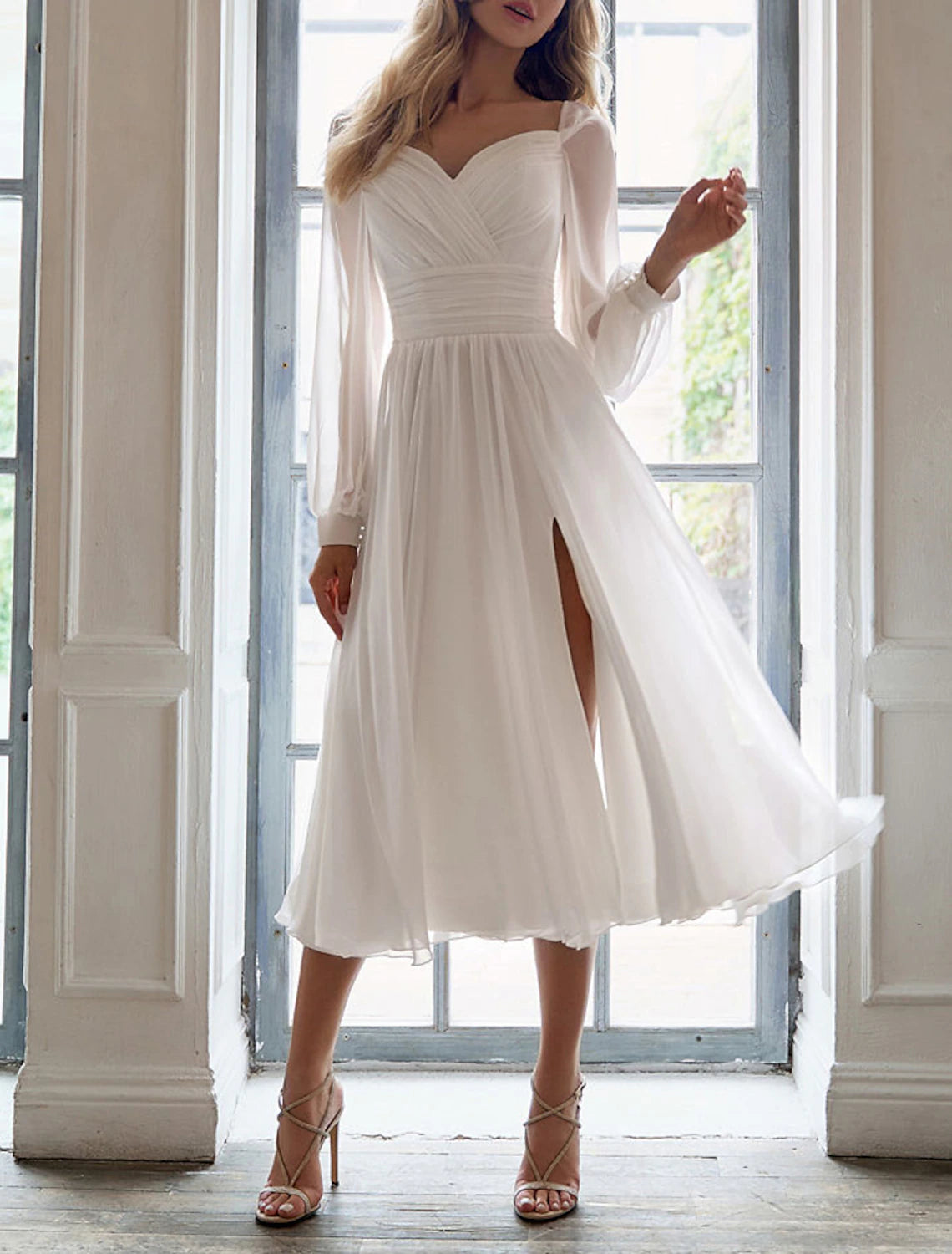 Budget-Friendly Fashion Bridal Shower Little White Dresses Fall Wedding Dresses A-Line Sweetheart Long Sleeve Tea Length Chiffon Bridal Gowns With Ruched Split Front