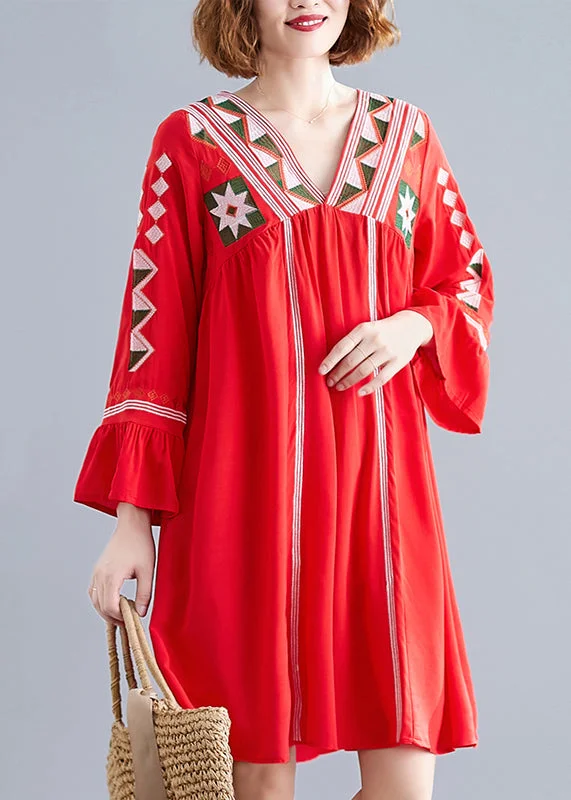 Flash Sale Clothing Red Loose Beach Dresses wrinkled Flare sleeve