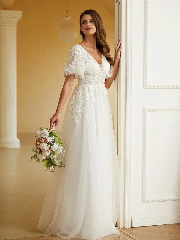 Catch Every Fashion Trend A-Line/Princess Tulle Lace V-neck Short Sleeves Floor-Length Wedding Dresses