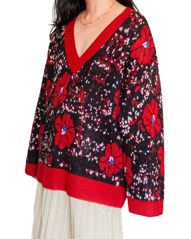 Dive Into Trendy Styles Hibiscus Print Sweater In Black And Red