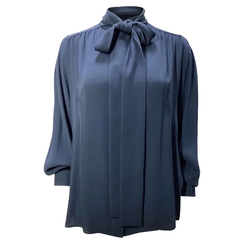 Affordable Fashion for Women Akris Smocked Crepe De Chine Tie Neck Blouse in Navy Blue Polyester