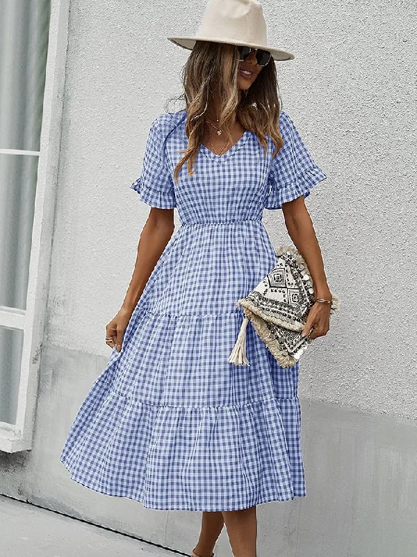 Stylish Loungewear for Women FashionSierra - Vintage Plaid Slim Ruffles High Waist Midi Sundress