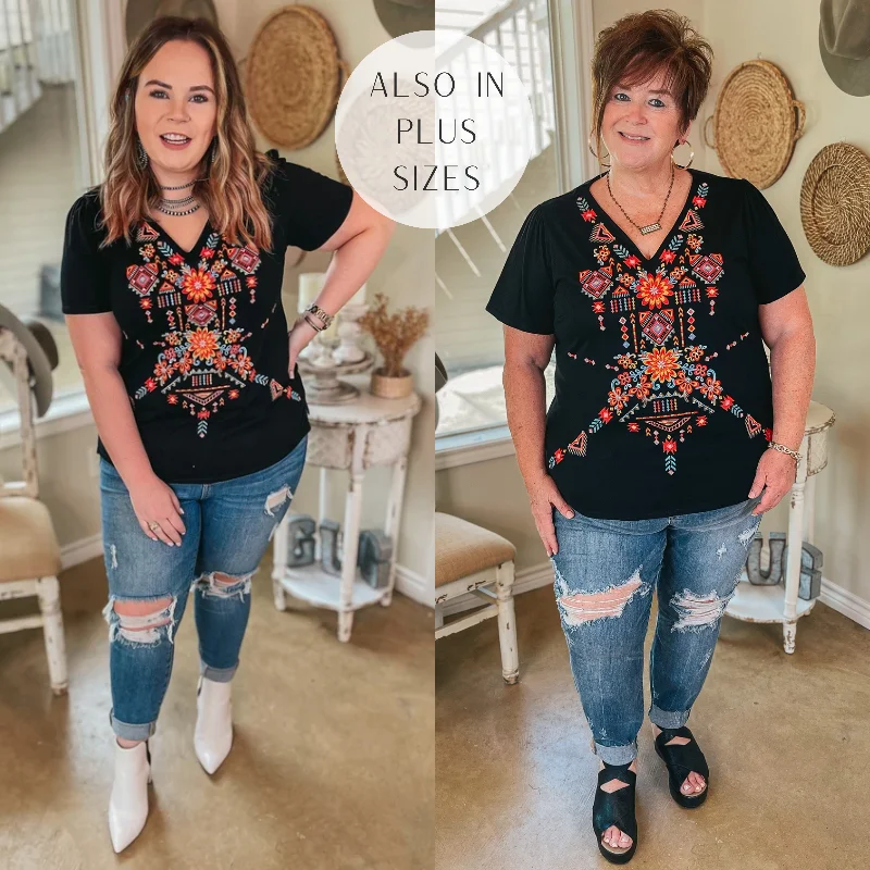 Stupidly Low Prices Last Chance Size Small & Medium | Southwest Senorita Embroidered Short Sleeve V Neck Top in Black