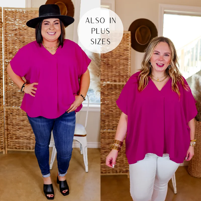 Best Clearance Sales Right Now Weekend Out V Neck Placket Short Sleeve Top in Magenta