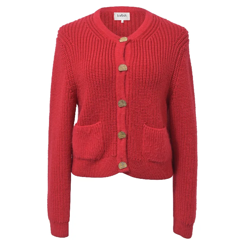 Imeless Style Ba&Sh Knitted Purrl Button-Front Cardigan in Red Wool